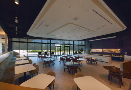 Hunter Douglas solar shades on large commercial windows in a modern café and lounge space.