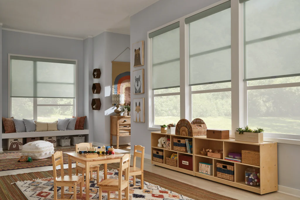 Solar shades filtering sunlight in a Tarrytown home in West Austin