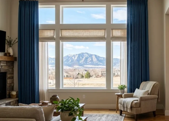 Custom drapery installation with Flatirons mountain views, Boulder CO