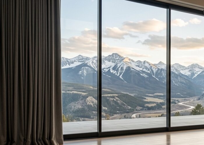 somfy motorized drapery on large windows in boulder colorado home