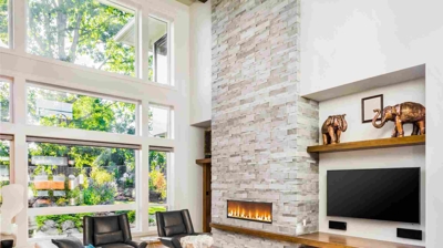 a living room with large window