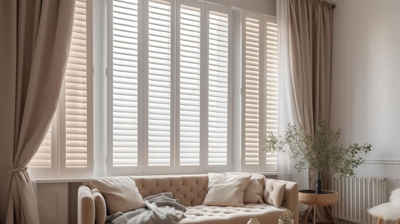 combination of blinds and curtains in light tones