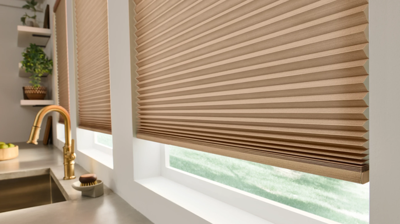 tan or a light brown honeycomb / cellular shades in a kitchen