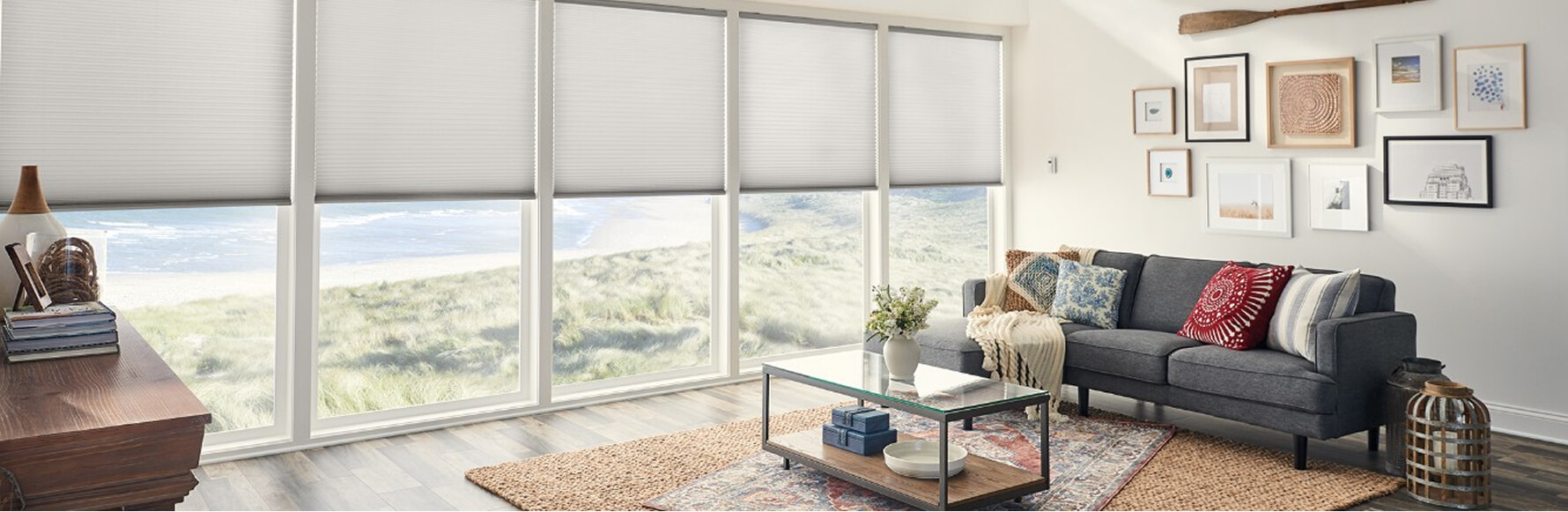 Living room with large windows and blinds