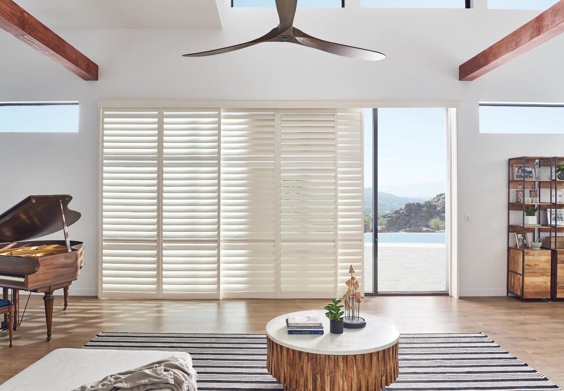 Spacious Living Room with Sliding Plantation Shutters and Modern Decor