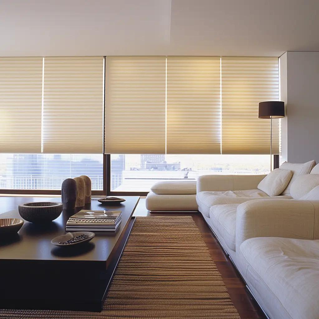 Modern Living Room with Beige Honeycomb Shades and Minimalist Decor