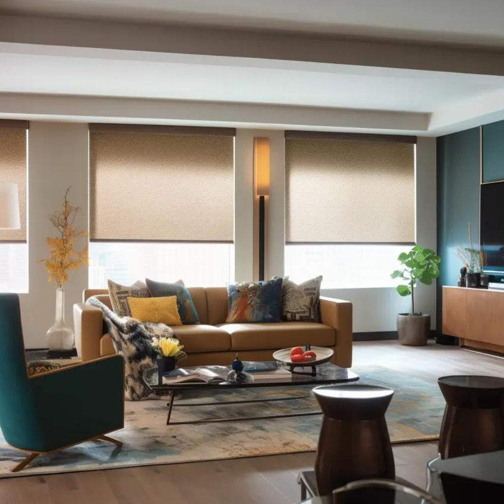 Stylish Living Room with Roller Shades and Eclectic Decor