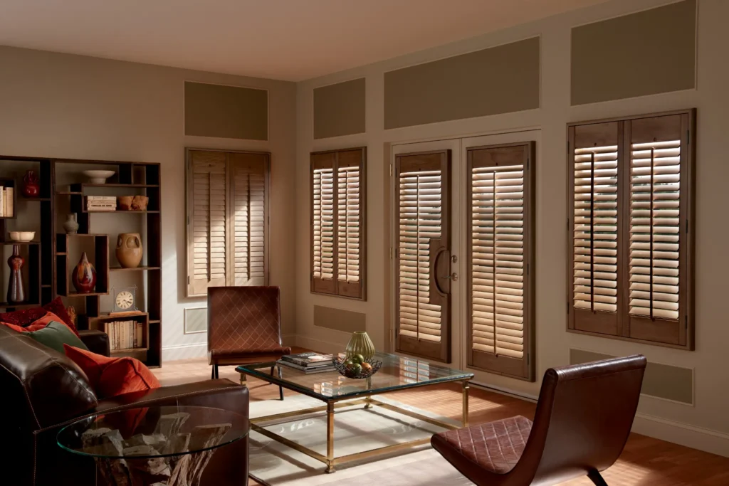 Living room with wooden blinds