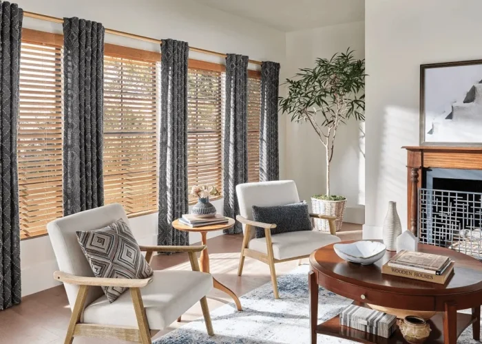 Living room windows with wood blinds and patterned curtains