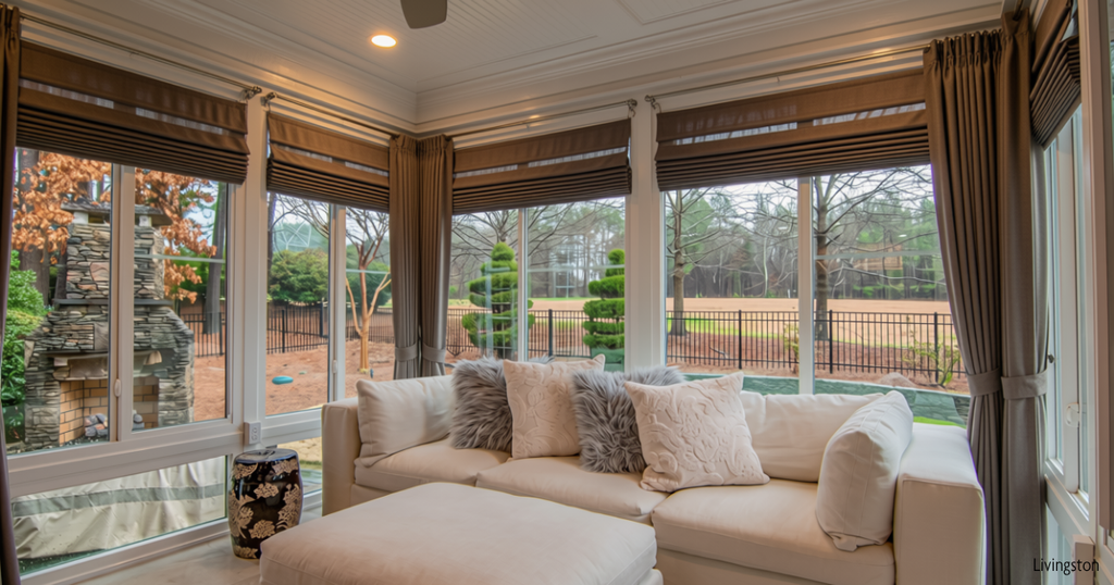 Designer window treatments in Livingston, NJ, featuring layered Roman shades and elegant drapery in a bright living room with expansive windows.