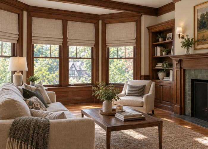 Custom roman shades in a bay window in Montclair, NJ residential home living room