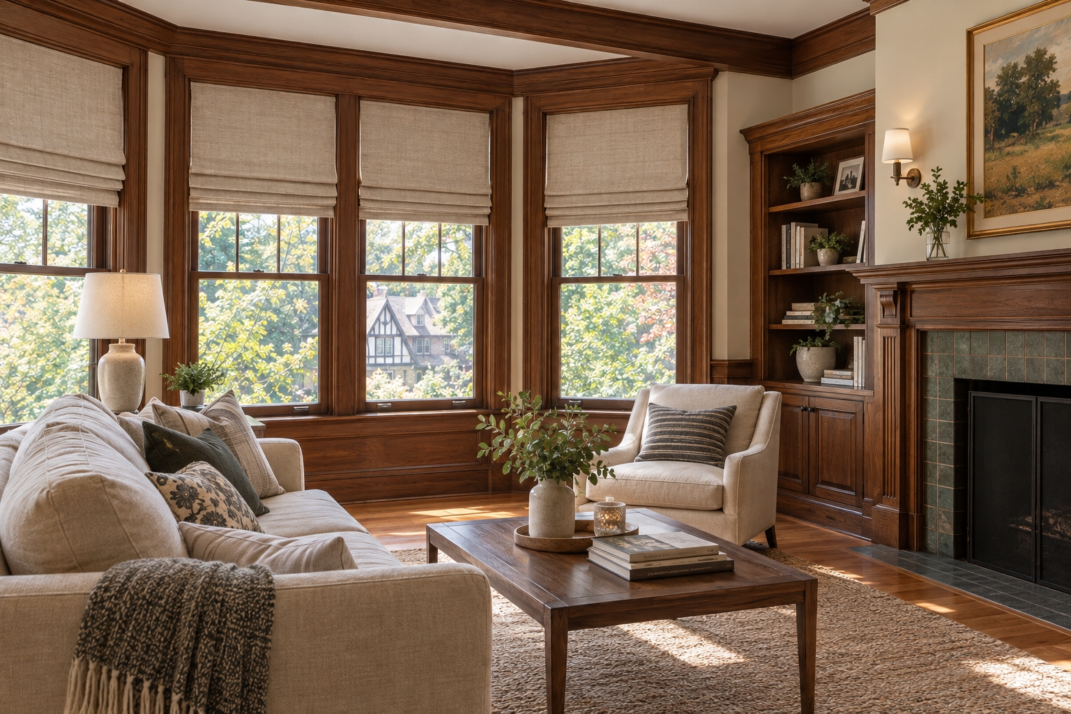Custom roman shades in a bay window in Montclair, NJ residential home living room