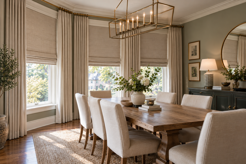 Custom Drapery in Montclair, NJ | Bumble Bee Blinds Featuring layered Roman shades and elegant drapery in a refined dining room.