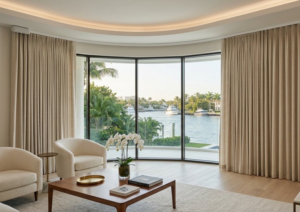 How do Somfy motorized tracks make operating custom drapery easier in large Palm Beach Island homes?
