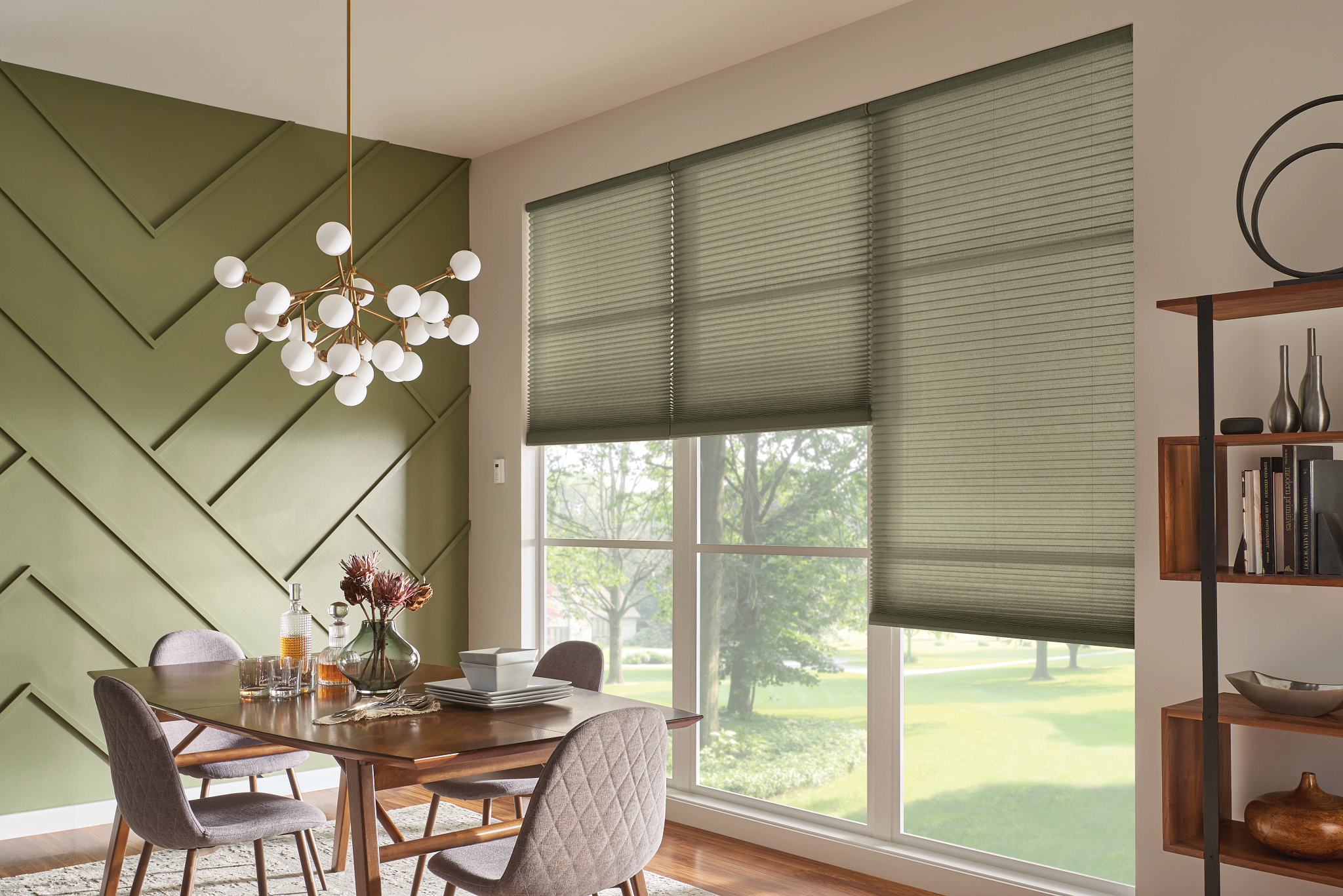 Cellular shades on the window of a stylish modern kitchen