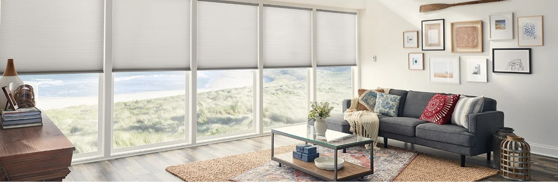 Living room with large windows and blinds