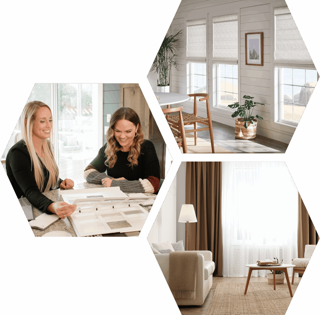 Hexagon shaped collage showcasing how the products are installed 